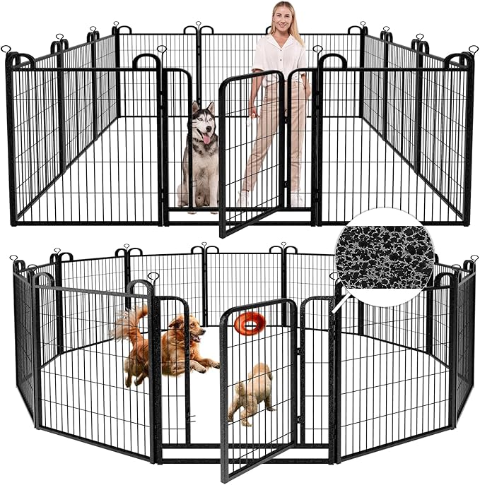 Dog Playpen Outdoor 12 Piece Panels Heavy Duty Dog Fence 40" Height Anti-Rust with Doors Portable for RV Camping Yard, Total 27FT, 58 Sq.ft, Snowy Black