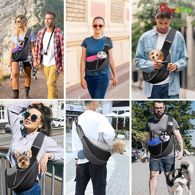 Pawaboo Dog Sling Carrier, Hand Free Breathable Mesh Bag for Puppy Cat, Drawstring Dog Papoose with Adjustable Strap and Pocket, Crossbody Satchel Dogs Purse for Outdoor Travel, L, Magenta