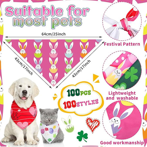 100 Pcs Seasonal Dog Bandanas Valentines Day St. Patrick's Day Easter Pet Bandanas Bulk Holiday Triangle Pet Bibs Scarf for Medium Large Dog Spring Festival Costume Decor