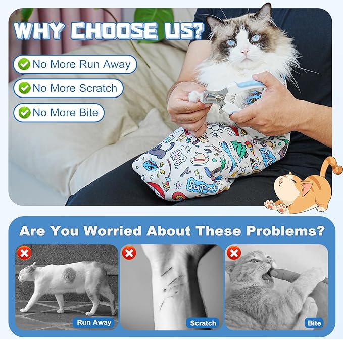 Supet Cat Grooming Wrap for Cutting Nails, 2026 Self-Adherent Anti-Escape Calming Cat Swaddle Wrap for Medicine, Nail Clipping, Teeth Brushing, Ear Cleaning (Cartoon, XL)