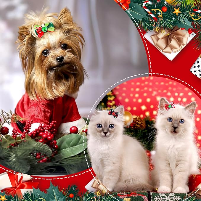 Tondiamo 100 Pack Christmas Dog Bows for Dogs Christmas Hair Bows with Rubber Bands Puppy Hair Bows Rhinestone Dog Bows Grooming with Santa Claus Christmas Tree Elk Snowflake Dog Hair Accessories