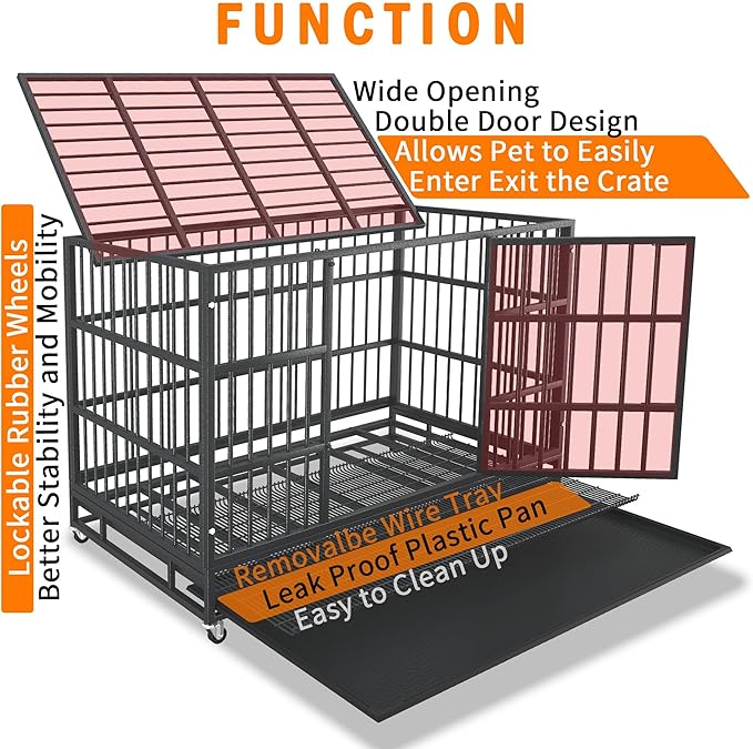 38 Inch Heavy Duty Dog Crate Cage with Wheels, Indestructible and Escape Proof Steel Kennel Indoor for High Anxiety Dogs with Sturdy Locks, Double Door and Tray, Extra Large XL XXL