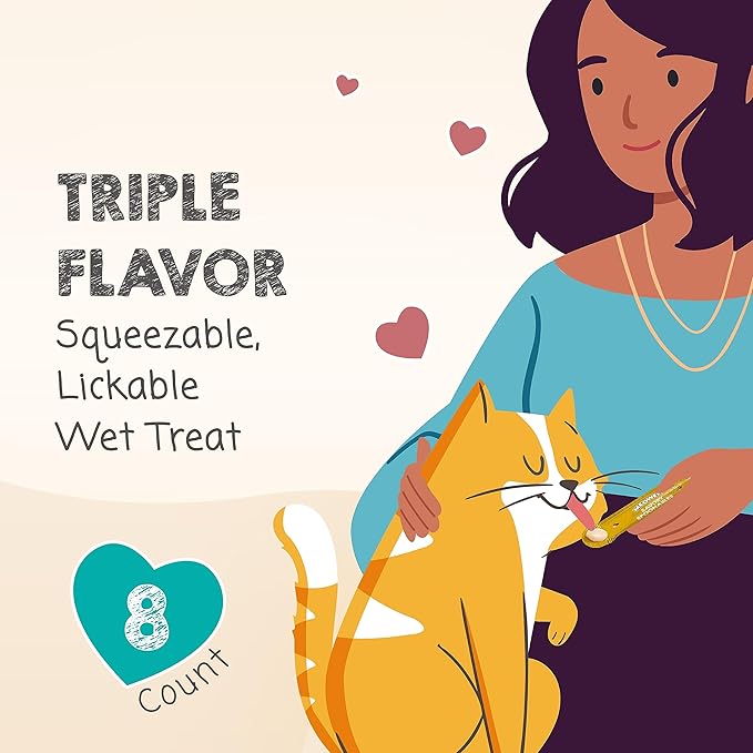 Savory Spoonables with Real Chicken, Salmon and Duck for Cats, 8 Count, Treat Your Cat to Triple Flavor Squeezable Lickable Wet Treats with Built-in Spoon for Less Mess (Pack of 2)
