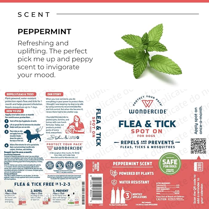 Wondercide - Flea & Tick Dog Spot On - Flea, Tick, and Mosquito Repellent, Prevention for Dogs with Natural Essential Oils - Up to 3 Months Protection - Medium 3 Tubes of 0.10 oz