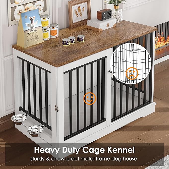 TTVIEW 47” Large Dog Crate Furniture, Heavy Duty Dog Kennel Indoor with Sliding Door and 2 Adjustable Bowls, Rustic Wooden Dog Cage Pet House for Large Dogs, End Table for Living Room, White