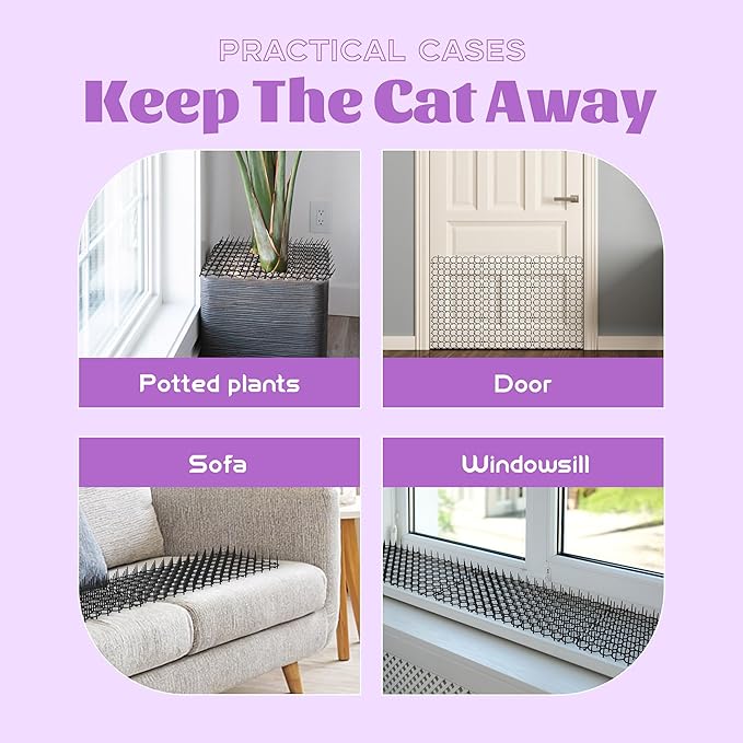 16 x 8 Inch Scat Mat for Cats, 12 Pack Scat Mat with Spikes Outdoor, Cat Deterrent with Strips Digging Stopper Cat Spike to Keep Other Animals Away from Furniture, Plants