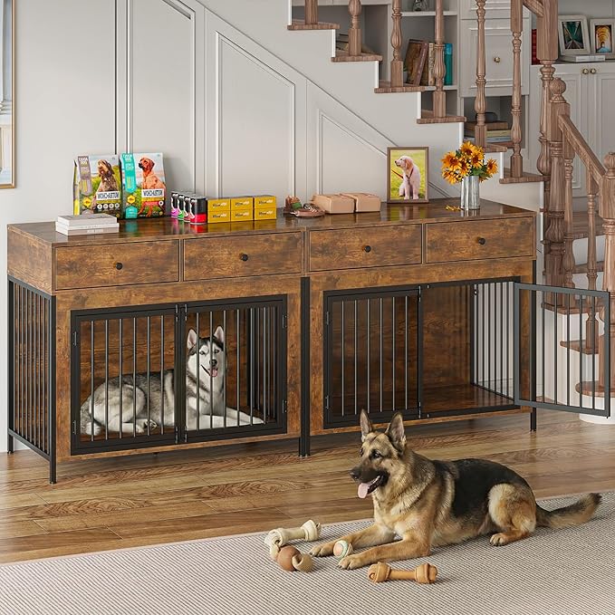 PUKAMI 44inch Large Dog Crate Furniture with Drawers, Wooden Dog Kennel Furniture for Indoor use, Brown End Table Dog House, for Small/Medium/Large Dog, 2-Pack Set