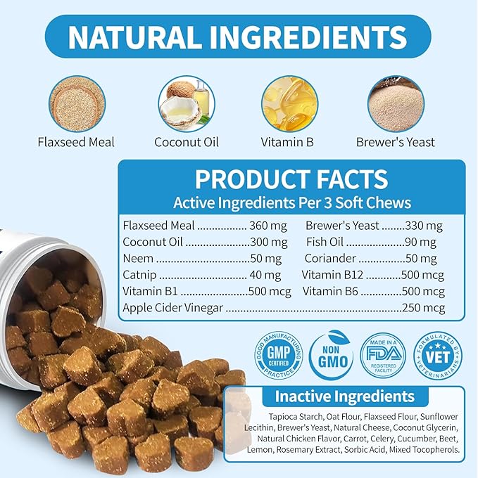 Flea and Tick Prevention for Cats Chewables 230 Soft Treats - Flea and Tick Chews Supplement, Vet Recommended Supplement Chews, Skin & Coat Support for Cats, Kitten, All Breeds & Sizes