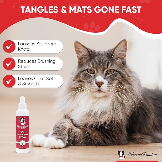 Warren London Cat Detangler Spray for Matted Hair | Leave in Conditioner Pet Detangling Spray that Demat & Refreshes | Use with Cat Brush or Grooming Glove | Made in USA | 8oz
