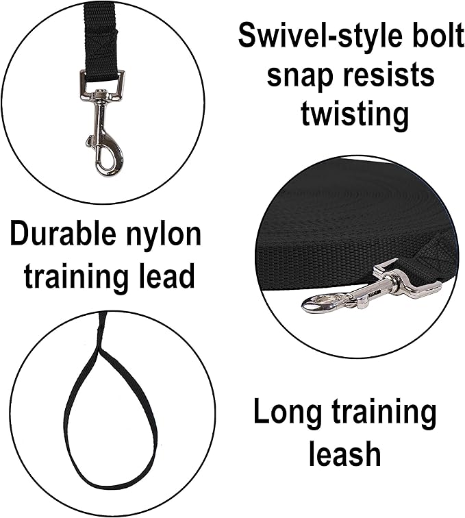 Hi Kiss Dog/Puppy Obedience Recall Training Agility Lead - 15ft 20ft 30ft 50ft 100ft Leash - Great for Play, Camping, or Backyard - Black