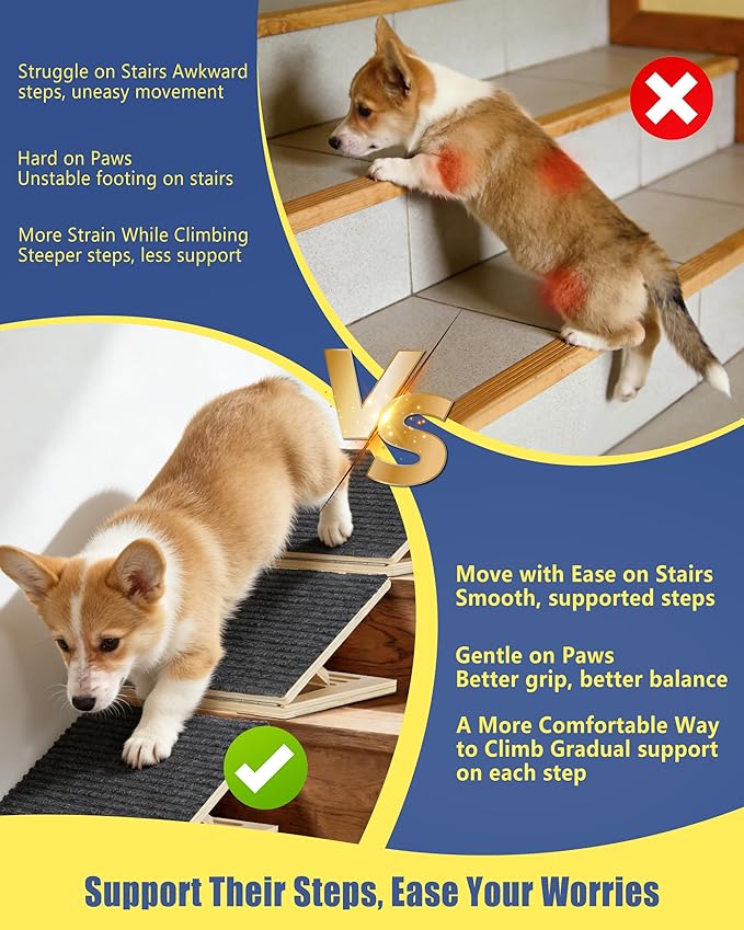 Wooden Dog Ramp for Stairs, 3 Pack Foldable Anti-Slip Pet Steps for Small Dogs, Low-Angle Stair Ramp for Senior, Short-Legged, Injured & Recovery Pets