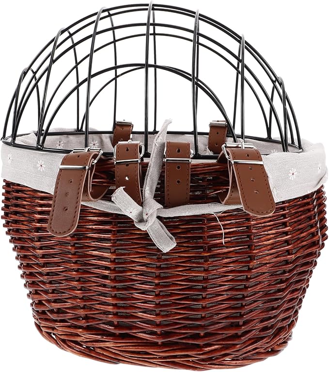 Wicker Dog Bicycle Carrier Detachable Front Bike Basket for Pets Stylish Rattan Storage with Wire Mesh Cover for Shopping and Commuting