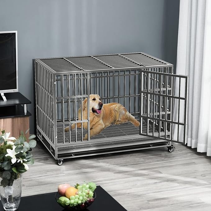 LEMBERI 38 inch Heavy Duty Indestructible Dog Crate, Escape Proof Dog Cage Kennel with Lockable Wheels,High Anxiety Double Door Dog Crate,Extra Large Crate Indoor for Large Dog with Removable Tray