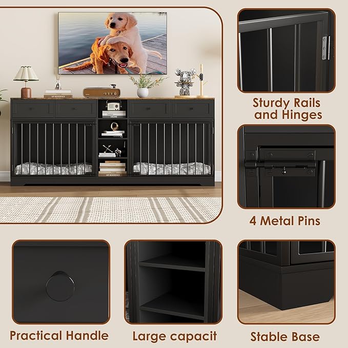 GAOMON Dog Crate Furniture for 2 Dogs, 82'' Large Dog Kennel Indoor with 4 Storage Drawers and 4 Shelves, Double Dog Crate TV Stand for Medium and Large Dogs, Black