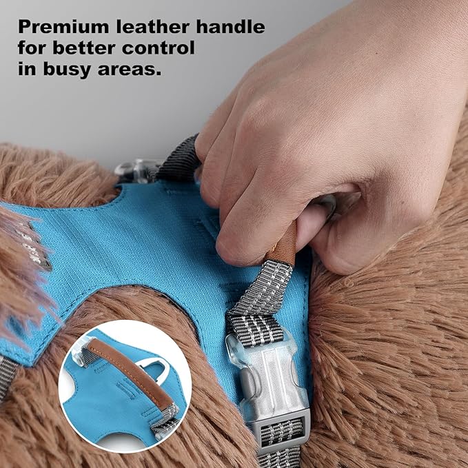 No Pull Dog Harness – Adjustable Reflective Nylon Vest for Small Medium Large Dogs, Escape Proof Training Harness with Leather Control Handle, Lightweight Aluminum Hardware (Cyan, XL)