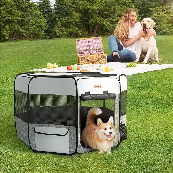 Puppy Playpen, 45" Portable Dog Playpen, Pet Playpen for Dogs Cats, Pop Up Playpen and Exercise Play Pen Dog Tent Indoor/ Outdoor, Removable Shade Cover
