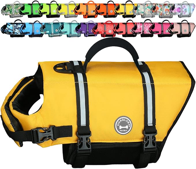 VIVAGLORY Rip Stop Dog Life Vest, Swimming Vest with Handle, Buoyancy for Doggy Puppy, Dog Life Jacket for Swimming & Boating, XL, Yellow