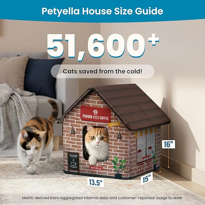 Deluxe Heated Cat House for Winter - Weatherproof, Insulated, Easy Assembly, Cat Heating Pad, Dual Escape Doors, Outdoor & Indoor Cat House - Coffee Pethouse