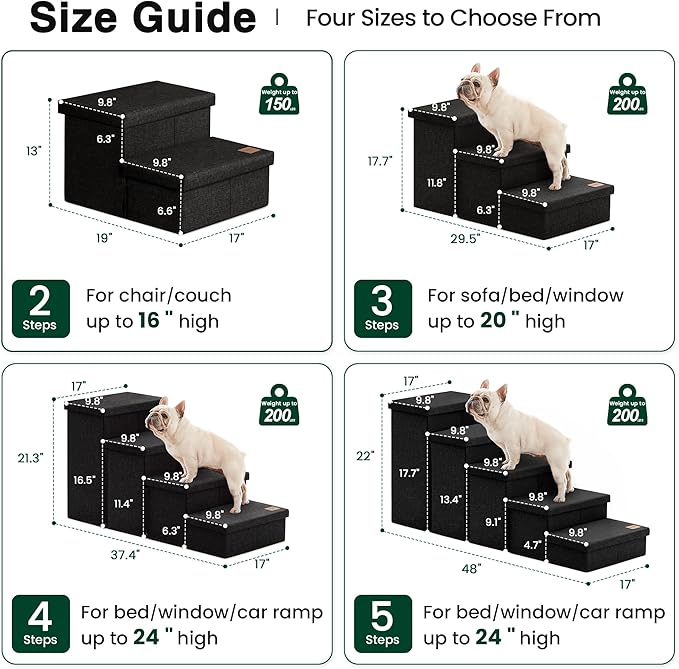 Love's cabin Dog Stairs for High Bed 22" H, Foldable Pet Stairs for Small Medium or Large Dogs Puppy with Storage for Bed or Couch, Cat Dog Steps Ramp with Zip up to 200 lbs, Black, 5 Steps