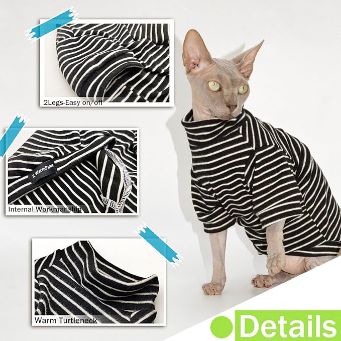 Sphynx Cat Sweater Hairless Cat Clothes Sweater Shirt Soft Warm Long Sleeves Pullover Pet Clothes Pajamas Dog Cloth for Small Dogs Jumpsuit Pet Sweaters (B&W Striped, Small)
