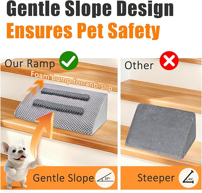 Dog Ramp for Stairs with Anti-Slip Bump for Small & Senior Dogs and Cats – Stair Wedges for Dogs with Gentle Slope, Pet Ramp with Washable Cover & Self-Sticky Pads for Safe Climbing (Gray, 3 Pack)