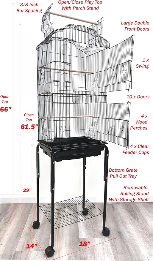 Large Open/Close Play Perch Stand Top Side Nesting Box Doors Canary Parakeet Cockatiel Lovebird Finch Roof Top Bird Cage with Removable Rolling Stand