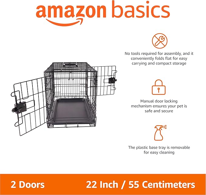 Amazon Basics - Durable,Foldable Metal Wire Dog Crate with Tray, Double Door, Divider, 22 x 13 x 16 in, Black