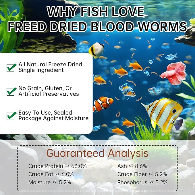 Freeze Dried Bloodworms Fish Food - High Protein Aquatic Food for Goldfish Betta Cichlids Guppies,Tropical & Saltwater Aquarium (30Z)