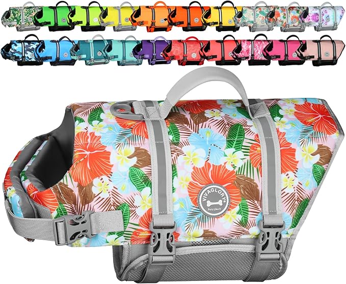 VIVAGLORY Rip Stop Dog Life Vest, Swimming Vest with Handle, Buoyancy for Doggy Puppy, Dog Life Jacket for Swimming & Boating, M, Floral Orange