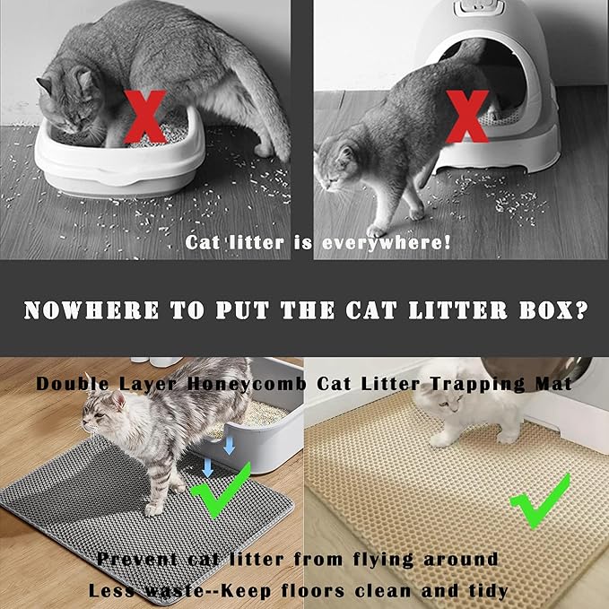 HCY&WLD 2-Pack Cat Litter Mat, Double Layer Honeycomb Waterproof Urine Proof Non-slip Litter Trapping Mat, Less Waste, Easy to Clean Cat Litter Box Mat, Kitty Indoor Supplies (Khaki, 24x18 Inches)