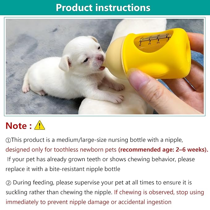 Puppy Nursing Bottle Medium/Large 80ml, Silicone Nipple Feeding Bottle for Newborn Puppies (2–6 Weeks), Yellow