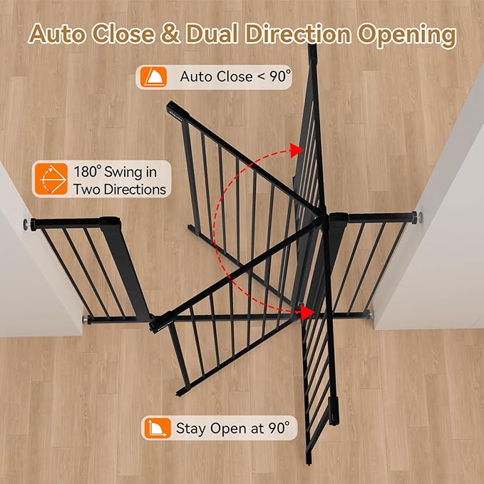 43 inch Tall Safety Dog Gate Adjustable 29.7-57 inch Extra-Wide Metal Pet Gate Drill-Free Pressure-Mount Installation kit Self-Closing Cat Gate for Stairwells、Doorways（Black）