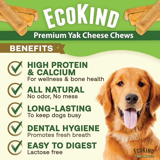 EcoKind Premium Gold Yak Cheese Himalayan Dog Chews, Dog Treats Large Breed, All Natural, High Protein, for Aggressive Chewers, Large - 3 Chews