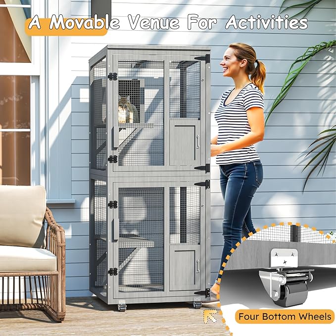 4 Tiers Catio Outdoor Cat Enclosure, Indoor Cat House with 4 Wheels, Cat Enclosure Window Access with Removable Floor, Upgraded Resting Box, Waterproof Roof, Wooden Indoor Pet Cage, Grey