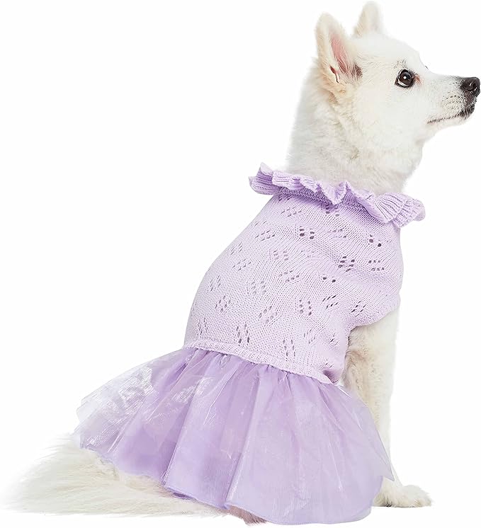 Blueberry Pet My Cutie Princess Ruffle Collar Dog Sweater Dress with Layered Tulle, Light Lavender, Back Length 14", Fall Winter Clothes for Girl Dogs