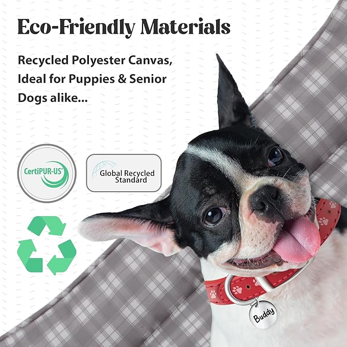 Orthopedic Bolster Dog Bed – CertiPUR-US Foam, Recycled Polyester Canvas, Washable Cover, Anti-Slip Bottom, Large, Pink Check – Stylish Designer Dog Sofa