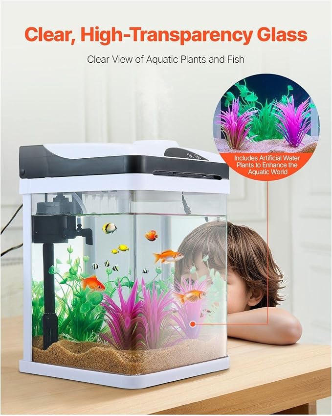 2 Gallon Fish Tank Aquarium LED Smart Square Glass 7 Color Self Cleaning Starter Kit