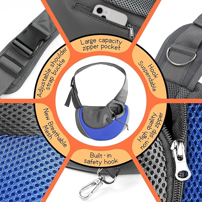 YUDODO Pet Sling Carrier for 2-5 lbs Small Dogs & Cats – Hands-Free Puppy Carrier with Safety Hook, Large Zipper Pocket, Soft Breathable Mesh, Adjustable Strap & Reflective Strip (Blue 1.0 S)