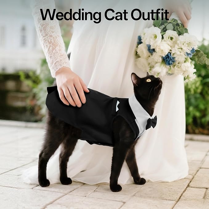 PUMYPOREITY Cat Tuxedo Suit Formal Wear with Bow Tie, Soft Skin-Friendly Cat Costumes for Cats Only, Elegant Outfit for Male Female Cats, Perfect for Wedding Birthday Photo Shoots, XS, Black