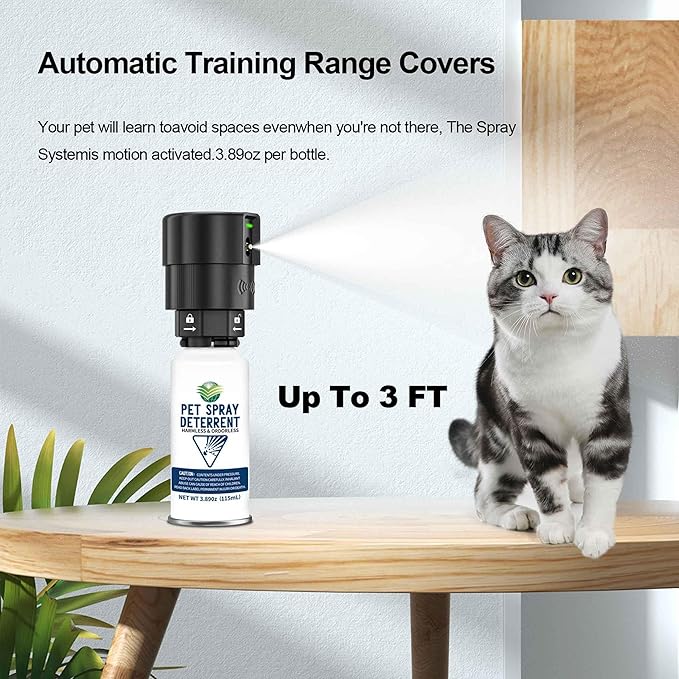 Cat Spray Deterrent System [ 3 Pack] Automatic Cat Deterrent Spray, Motion Activated System for Cats & Dogs Odorless Pet Deterrent, Senses Pets Up to 3 Feet Away, Friendly & Safe Pet Deterrent Spray