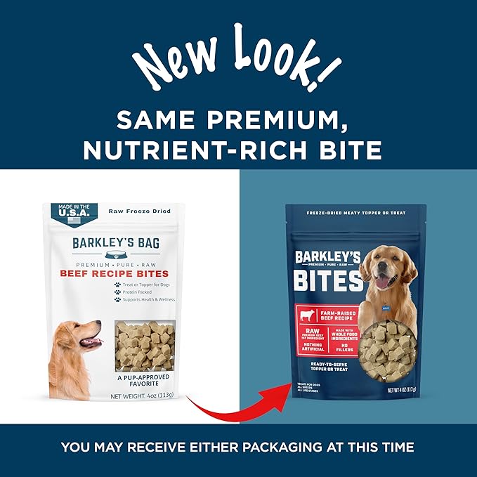 Barkley’s Bag Beef Bites, Freeze Dried Dog Treats and Food Topper, Protein Packed, Made with Beef, Barley, and Quinoa, Small Bite-Sized Pieces for Training Rewards, American Made Dog Snacks, 4 Oz Bag