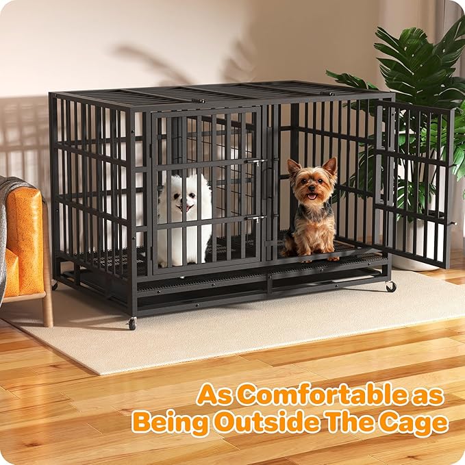 48 Inch Heavy Duty Dog Crate, Indestructible Escape-Proof Dog Kennel for High Anxiety Large Dogs, Strong Metal Pet Cage with Double Doors, Lockable Wheels & Removable Tray, XL XXL XXXL