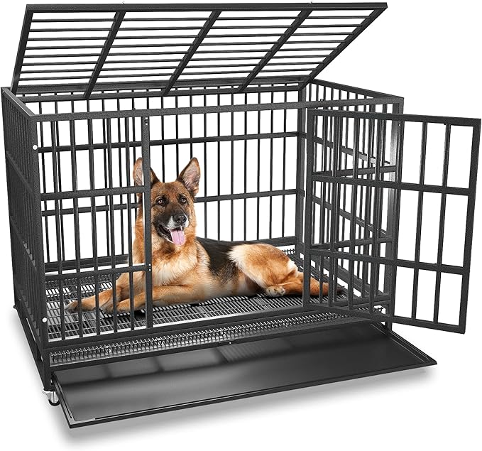 42 inch Heavy Duty Indestructible and Escape-Proof Dog Crate Cage Kennel for Large Dogs, High Anxiety Dog Crate with Removable Wire Trays and Wheels, Extra Large XL XXL, Black
