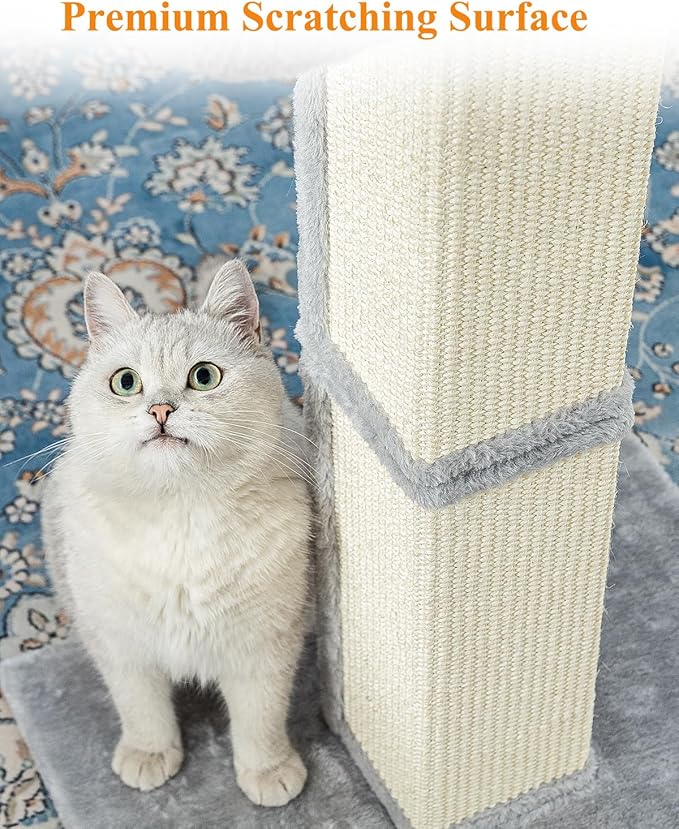 32" Cat Scratching Post for Indoor Cats, Sisal Cat Scratcher with Plush Perch, Large Scratch Post with Bed, Removable Cover, Sisal Fabric,Light Grey