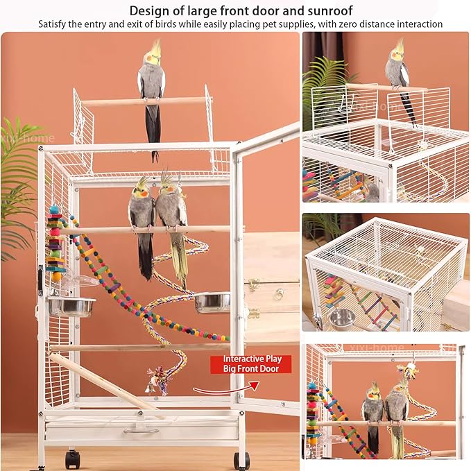 xixi-home Clear Parrot Cage,Metal Bird Cage Ornamental Cage -with Play Top and Wheel,Large Birdcage Flying Birdcage for Outdoors for Parakeet,Lovebirds,Cockatiels(Type B - Black)