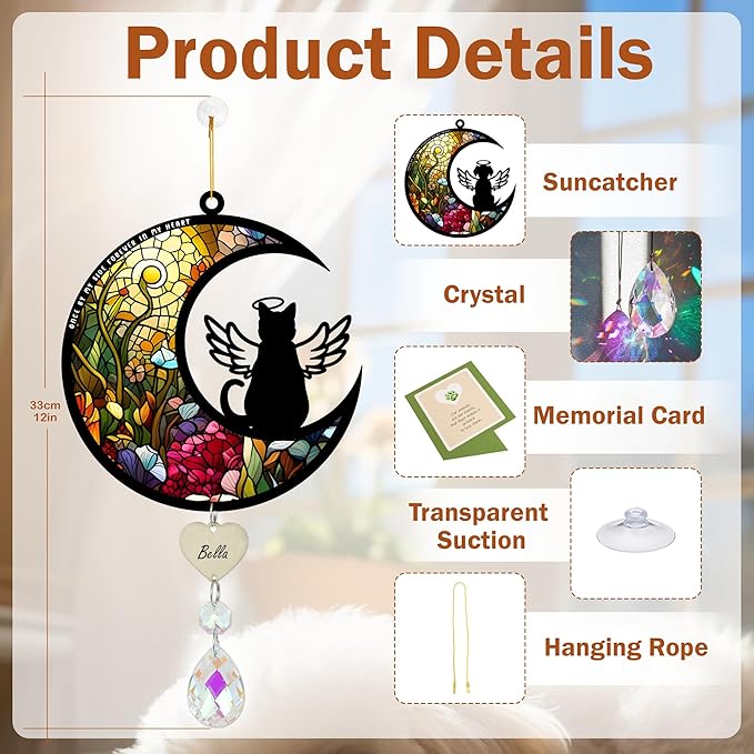 Cat Memorial Suncatcher for Windows Stained Glass,Pet Sympathy Gift to Memorialize The Loss,Unique Angel Cat Statue Suncatchers with Personalized Decorations