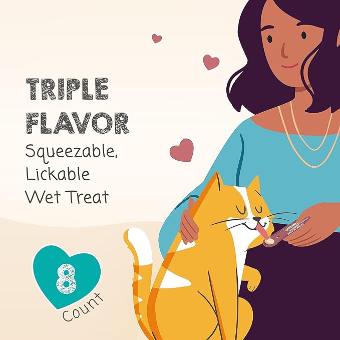 Savory Spoonables with Real Salmon, Tuna & Krill, 8 Count Tube, Triple Flavor Squeezable Lickable Wet Treats for Cats with Built-in Spoon for Less Mess (Pack of 2)