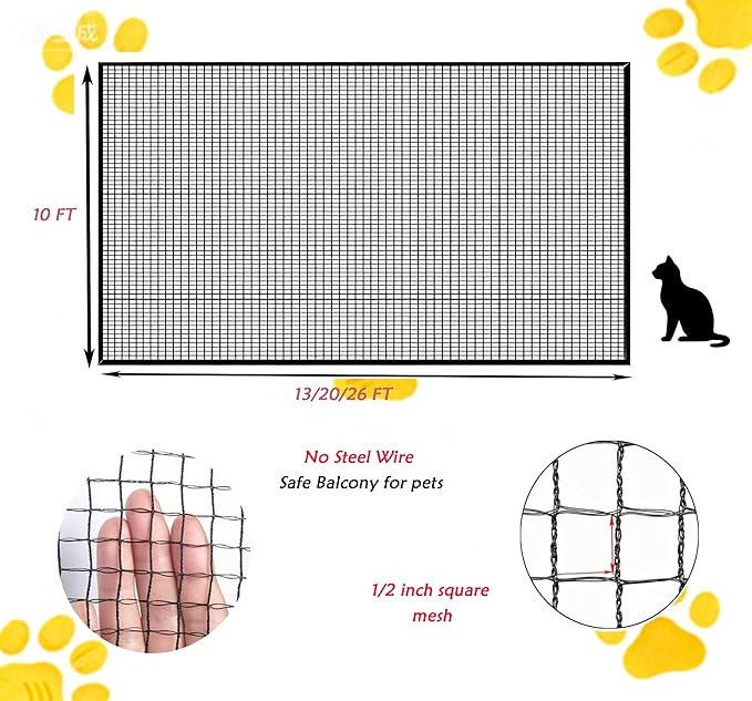 JUNFLYING Cat Netting Balcony 10x20 FT, Wire-Free Pet Protection Mesh for Fall Prevention, Heavy-Duty Catio Screen Barrier for Apartment, Window, Staircase, Terrace and Patio