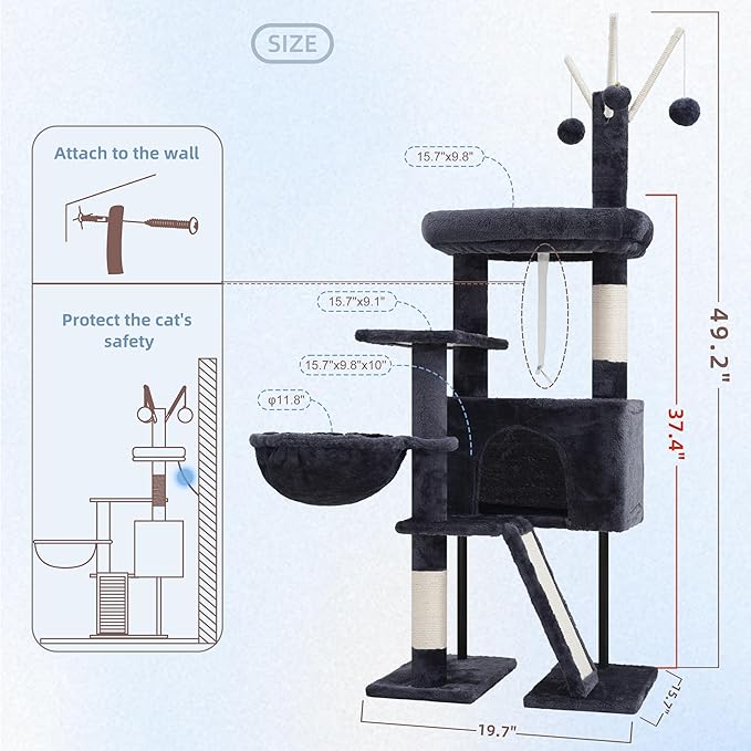 Cat Tree for Indoor Cats, Cat Tower with Scratching Post for Small Cats and Kittens, Cat House with Removable Top Platform and Fluffy Balls, Hanging Cat Basket, Smoky Gray GCT006SG