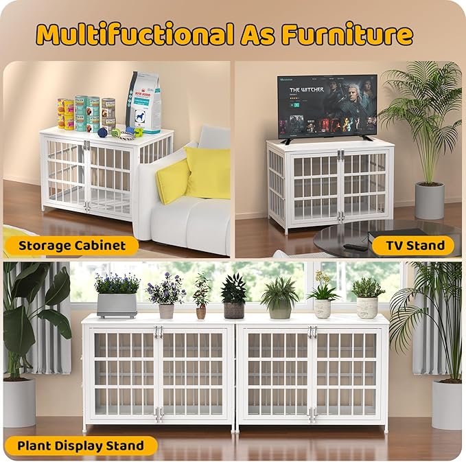 Heavy Duty Dog Crate Furniture – Indestructible Furniture Style Dog Kennel with Wooden Table Top, Escape-Proof Crate for High Anxiety Dogs, Decorative Indoor Pet House with Double Doors & Secure Locks